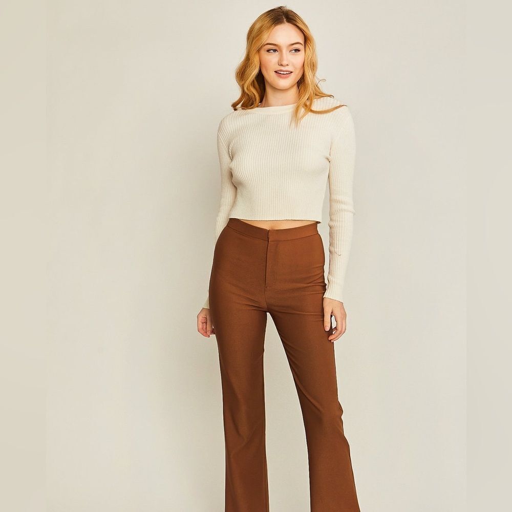 Love Tree Women's Straight Leg Hi Waist Trouser Pants in Carmel Size Large
